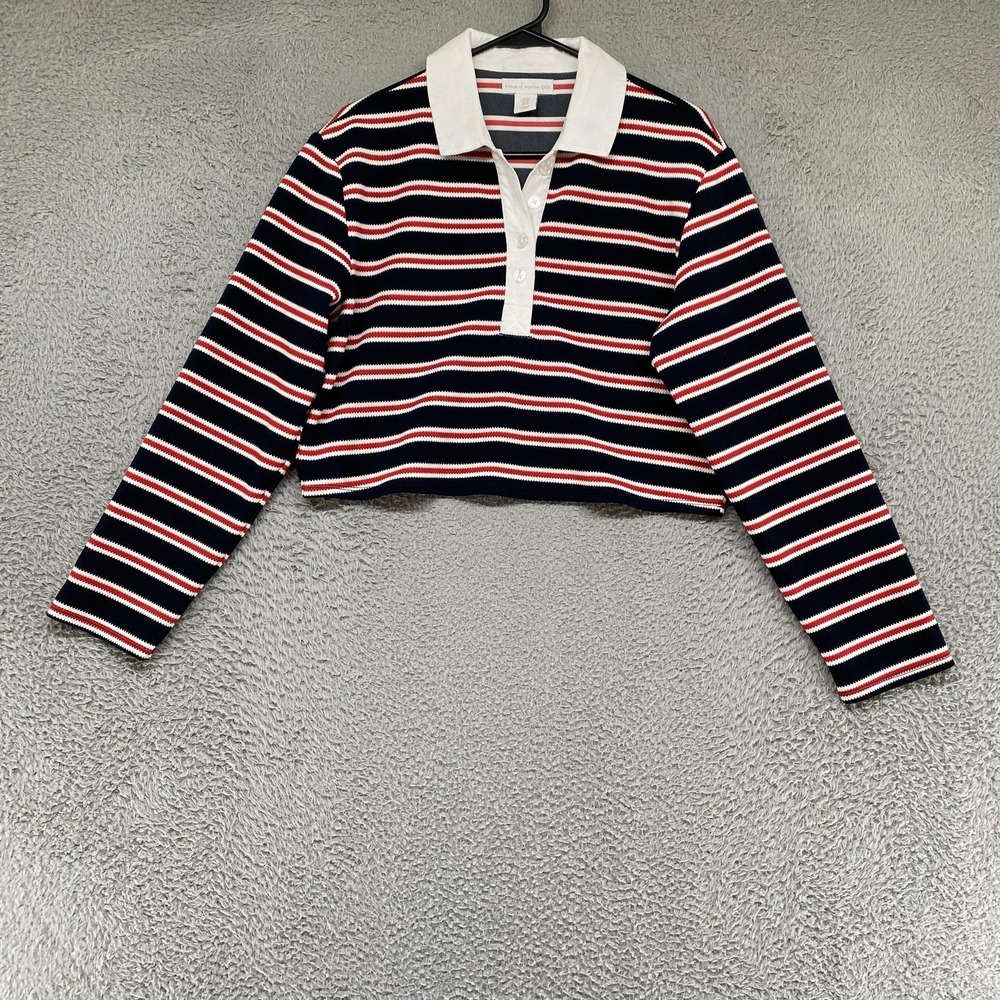 House Of Harlow Boxy Polo Shirt Womens Medium Navy Striped Cropped Knit Rugby